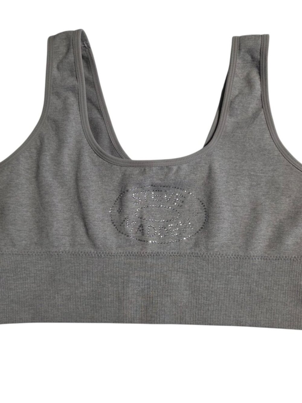 Steve Madden‎ Sports Bra Rhinestone Logo Gray Ribbed No Padding Size Large